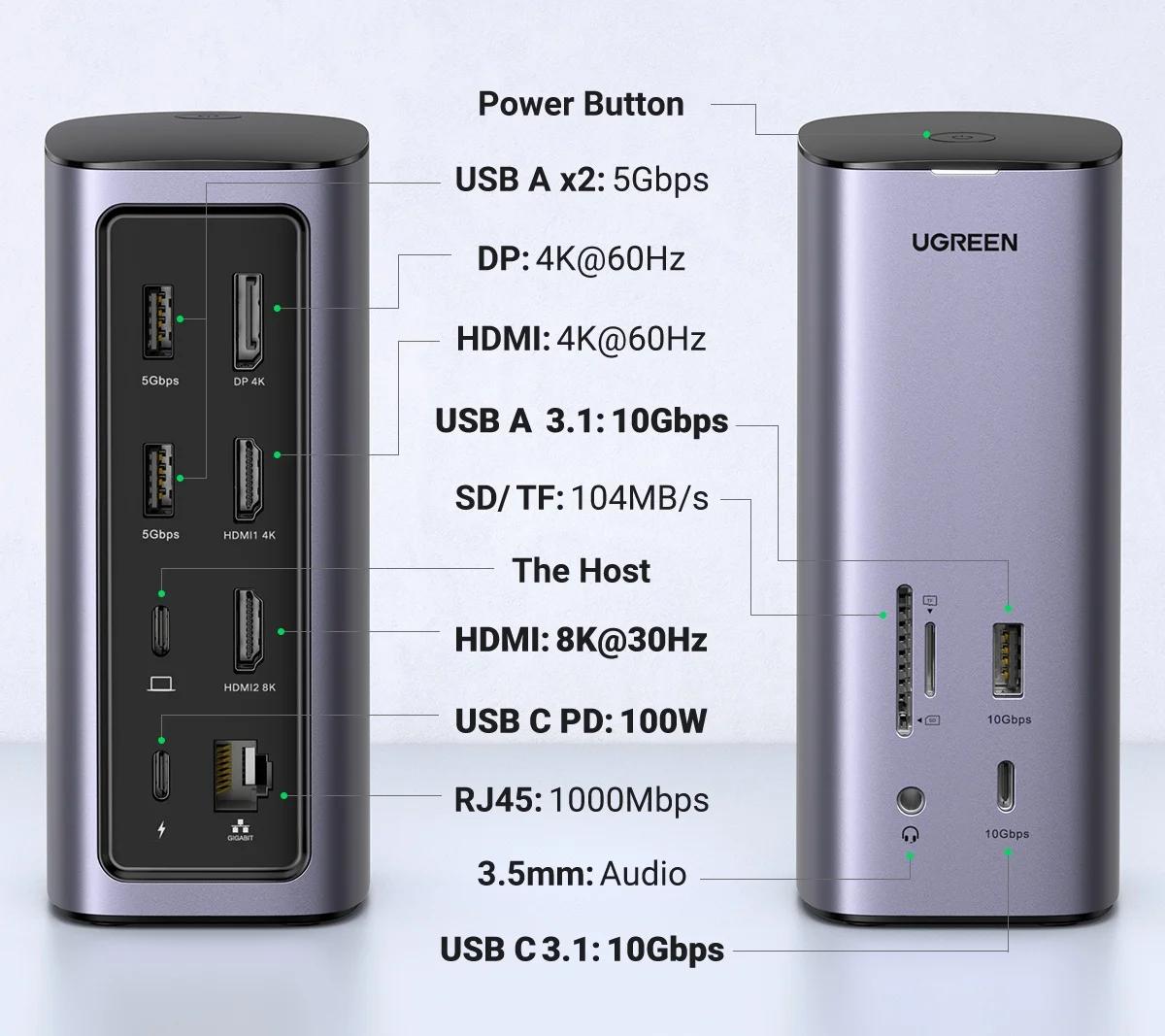 UGREEN ŷ ̼, 12  1 USB C-8K ÷ Ʈ, ABCD Ʈ ÷, RJ45 PD100W ,  OS M1 10G USB 3.1 